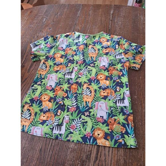 Medium White Cross Faux Wrap Jungle Animals Short Sleeve VNeck Scrub Top Shirt - Picture 2 of 2
